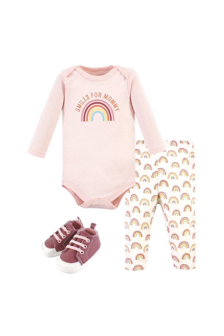 Girl's Long-Sleeve Bodysuit, Pants, and Footwear Outfit, Main, color, Sunshine Rainbows