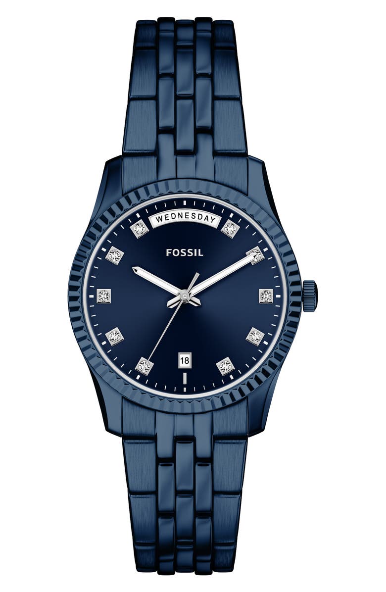 Fossil Scarlette Crystal Marker Navy Bracelet Watch, 34mm, Main, color, 