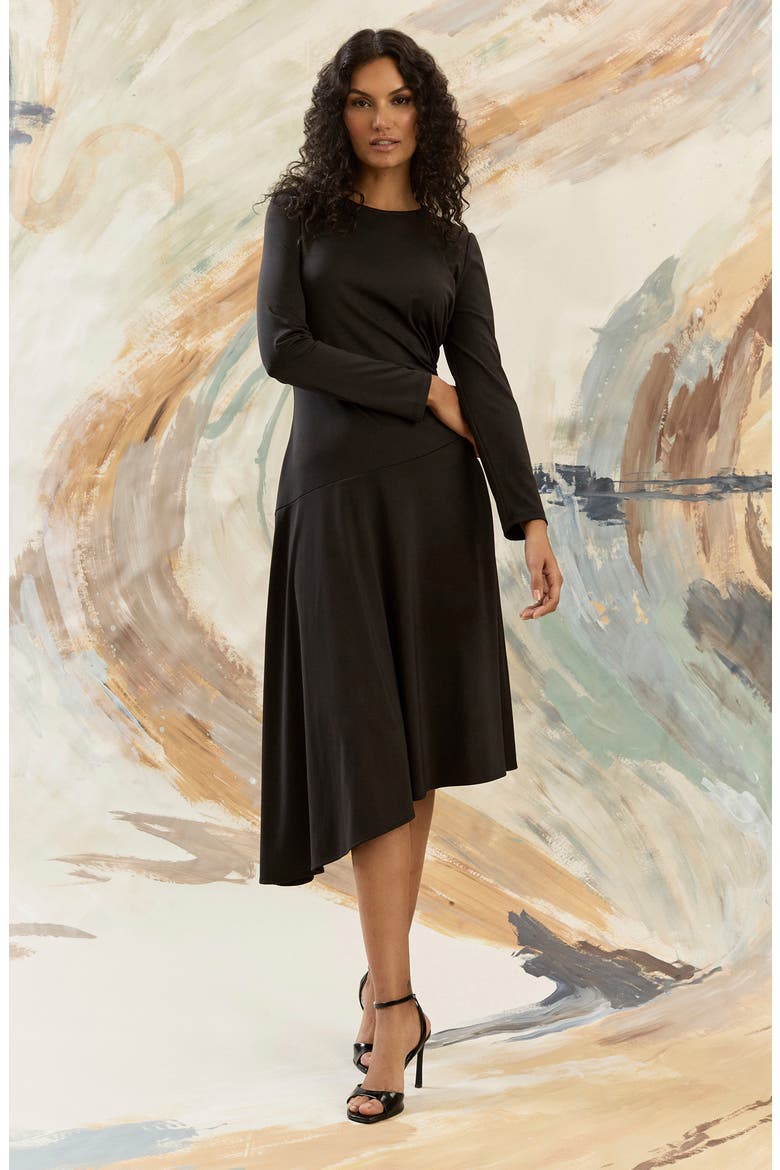 Long Sleeve Asymmetric Hem Midi Dress, Alternate, color, BLACK