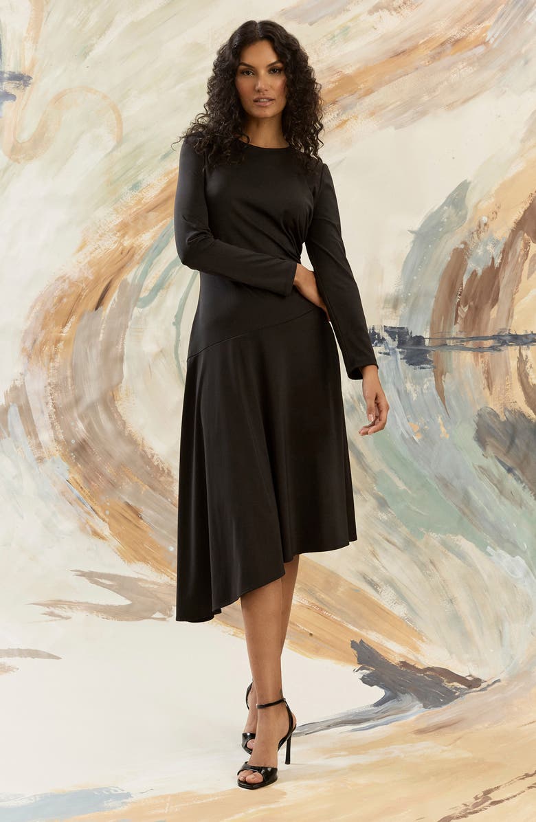 Maggy London Long Sleeve Asymmetric Hem Midi Dress, Alternate, color, Black