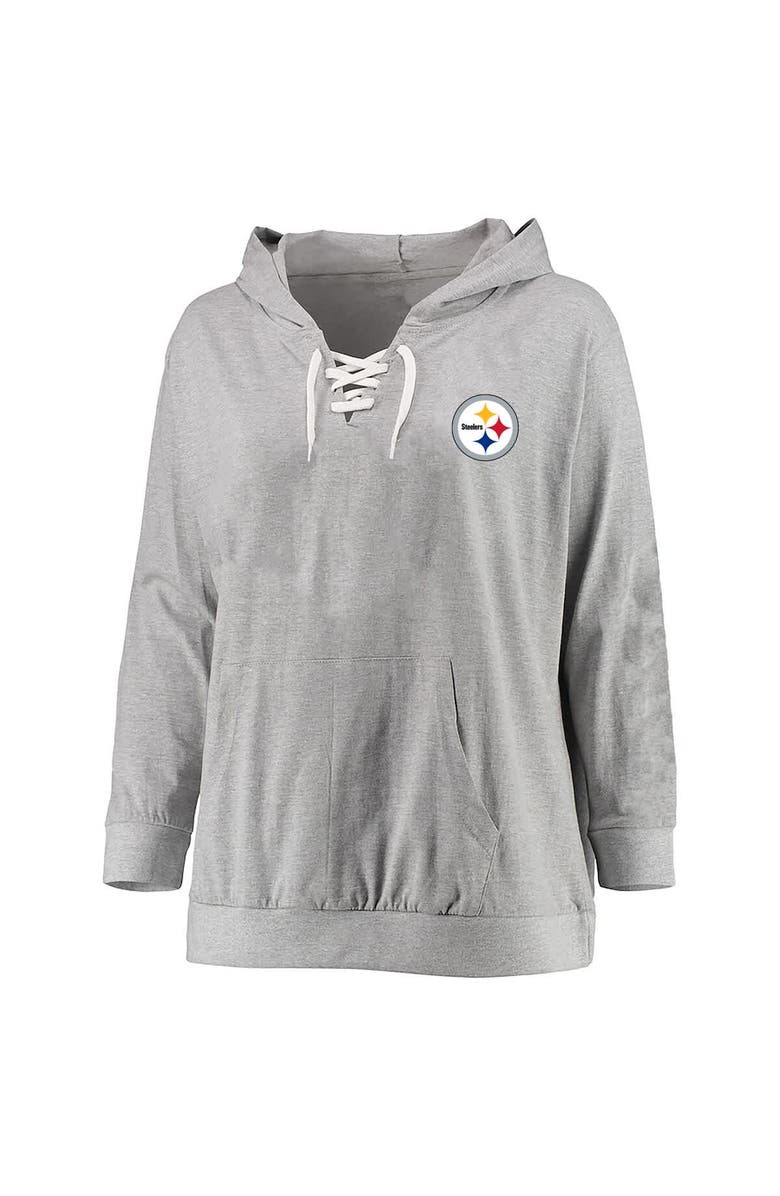 FANATICS Women's Fanatics Heather Gray Pittsburgh Steelers Plus Size Lace-up Pullover Hoodie, Main, color, 
