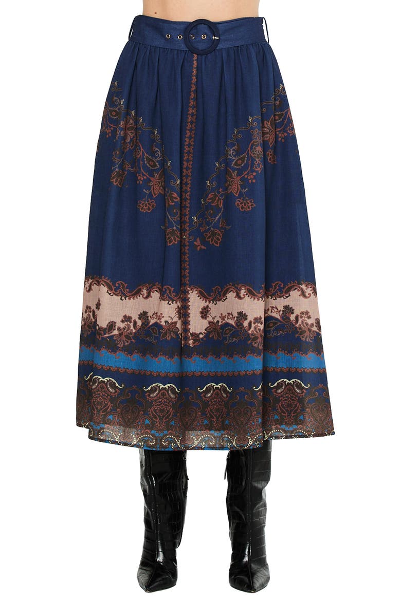 Jaxine Belted Midi Skirt, Main, color, NAVY MULTI