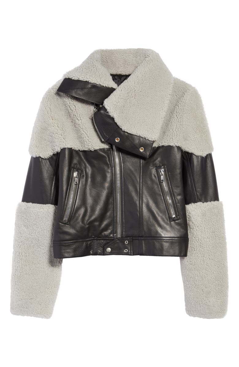 Rick Owens Asymmetric Leather & Genuine Shearling Jacket, Alternate, color,