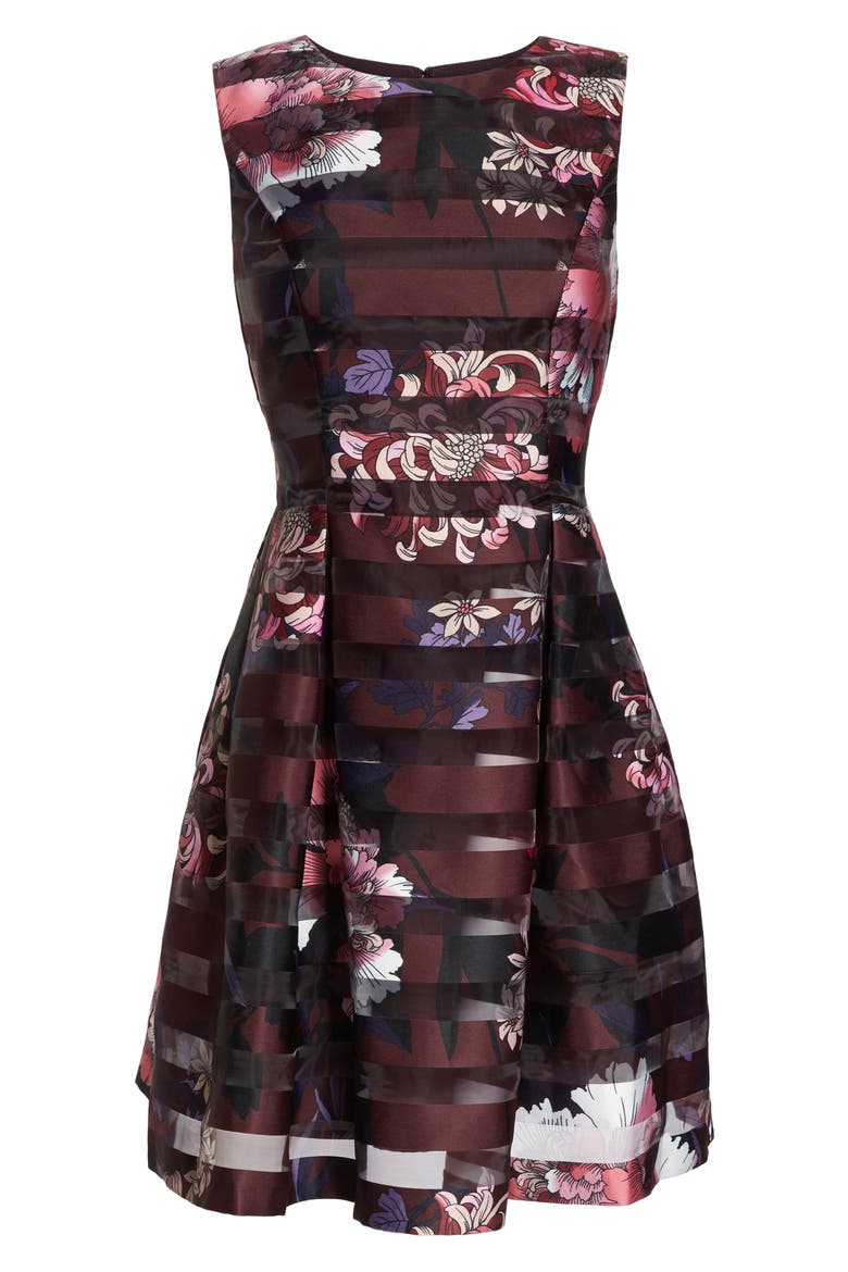 Shadow Stripe Fit & Flare Dress, Alternate, color, WINE MULTI