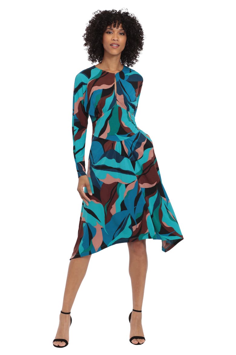 Print Long Sleeve Matte Jersey Dress, Alternate, color, BLACK/ TEAL