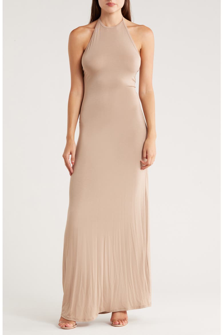 Fitted Maxi Halter Dress, Main, color, ALMOND PONTE