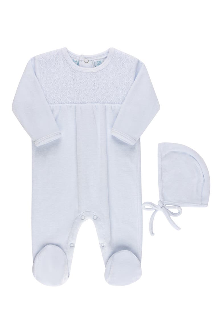 Smocked Yoke Cotton Blend Velour Footie & Hat Set, Main, color, BLUE