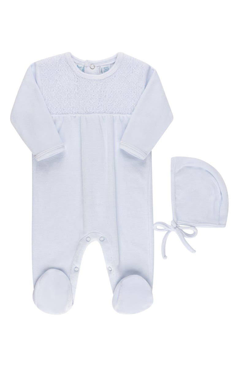 Feltman Brothers Smocked Yoke Cotton Blend Velour Footie & Hat Set, Main, color, Blue