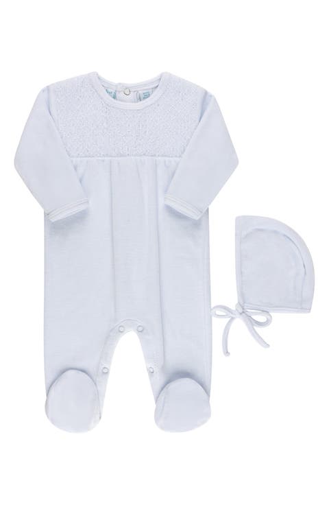 Smocked Yoke Cotton Blend Velour Footie & Hat Set (Baby)