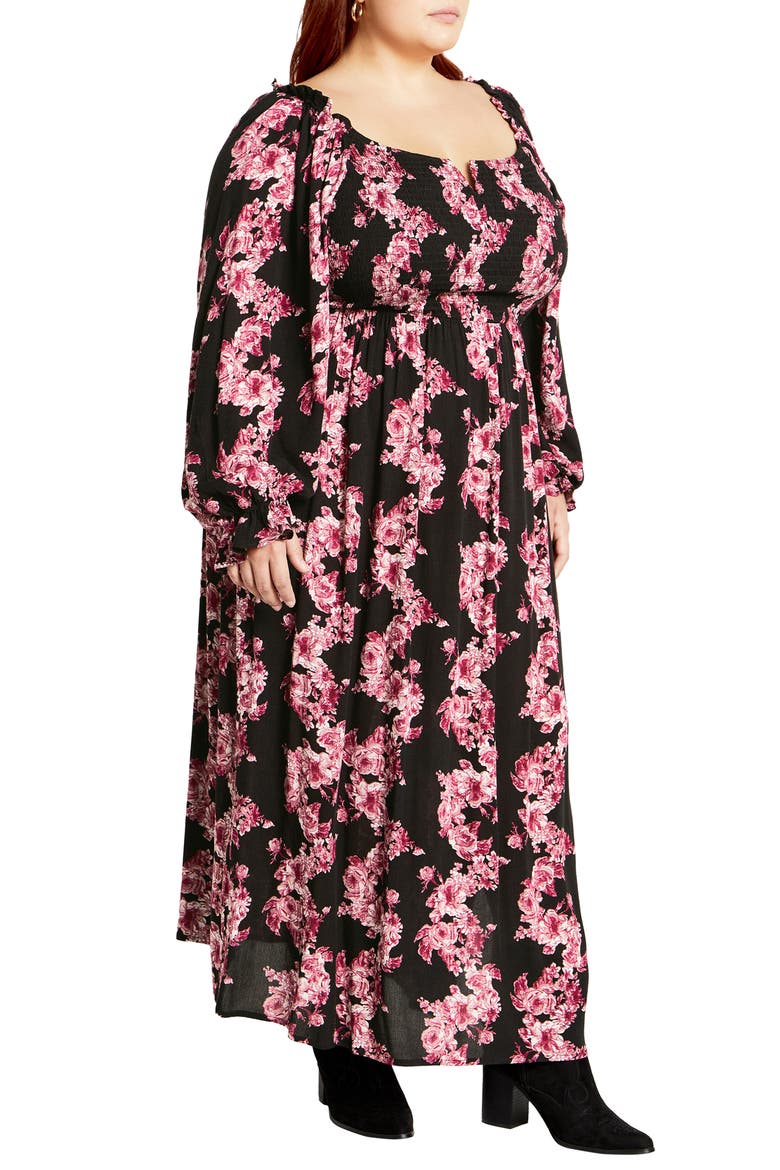 Calla Print Long Sleeve Maxi Dress, Alternate, color, BLACK/ PINK FLORAL