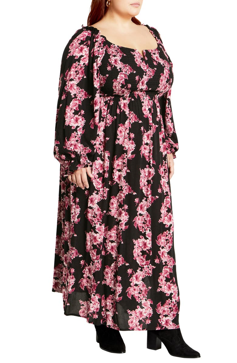 City Chic Calla Print Long Sleeve Maxi Dress, Alternate, color, Black/ Pink Floral
