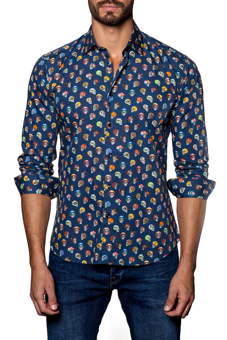 Trim Fit Sport Shirt, Main, color, NAVY SKULLS