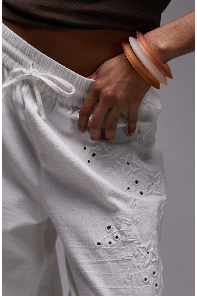 Eyelet Embroidered Wide Leg Cotton & Linen Drawstring Pants, Alternate, color, WHITE