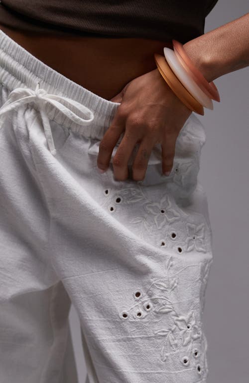 Topshop Eyelet Embroidered Wide Leg Cotton & Linen Drawstring Pants In White