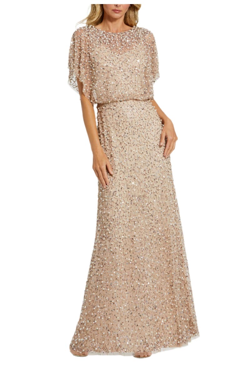 Mac Duggal Beaded Mesh Gown With Shawl, Main, color, Nude Gold
