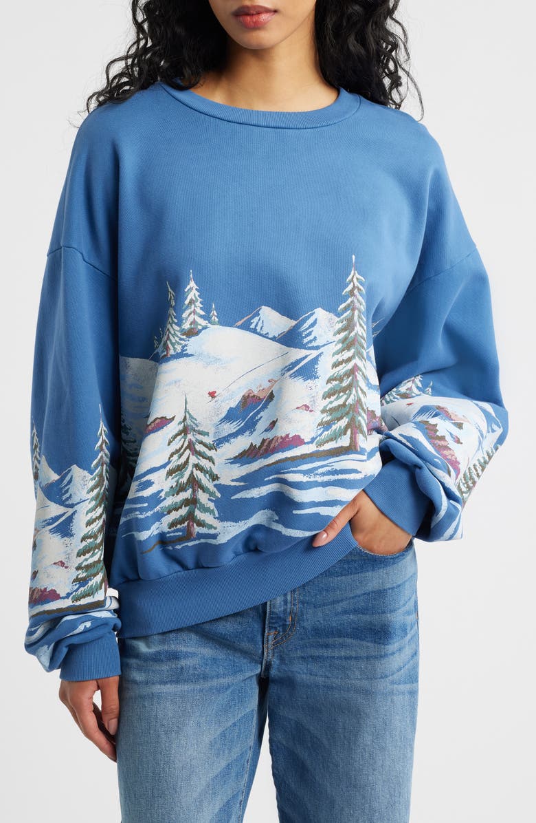 Daydreamer Alpine Scene Oversize Cotton Graphic Sweatshirt, Main, color, Denim