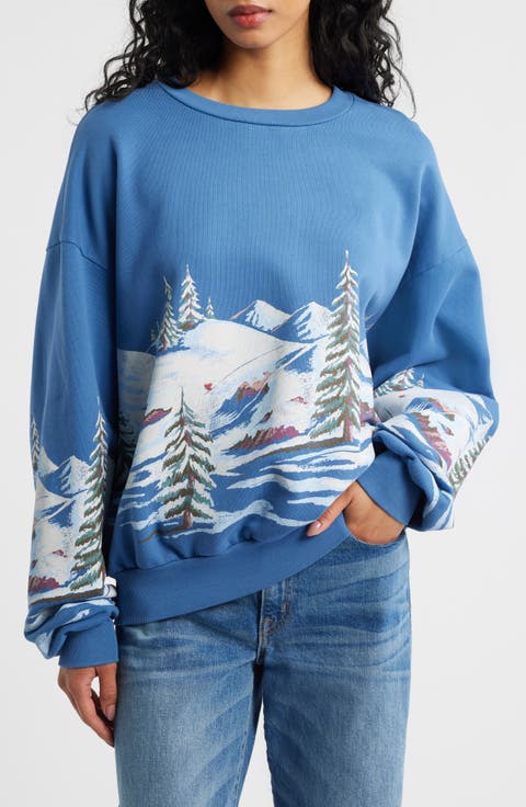 Alpine Scene Oversize Cotton Graphic Sweatshirt