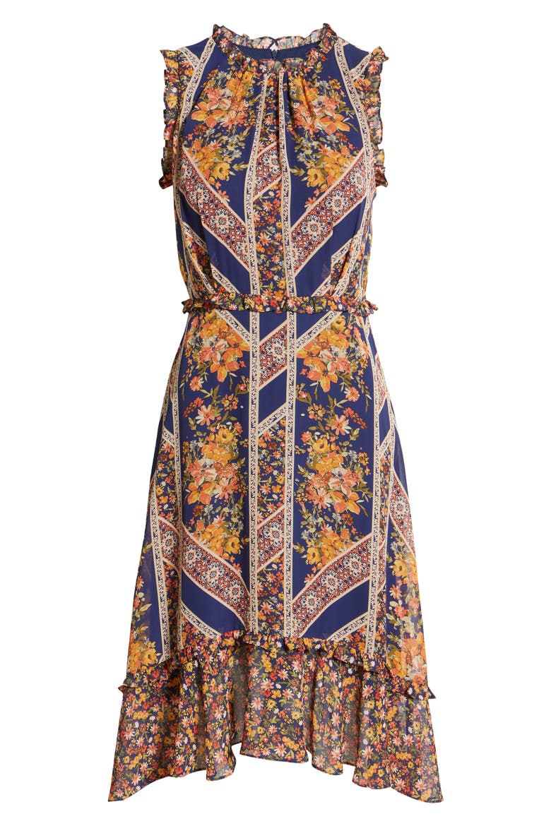 Floral Scarf Print Ruffle Detail A-Line Dress, Alternate, color, NAVY MULTI