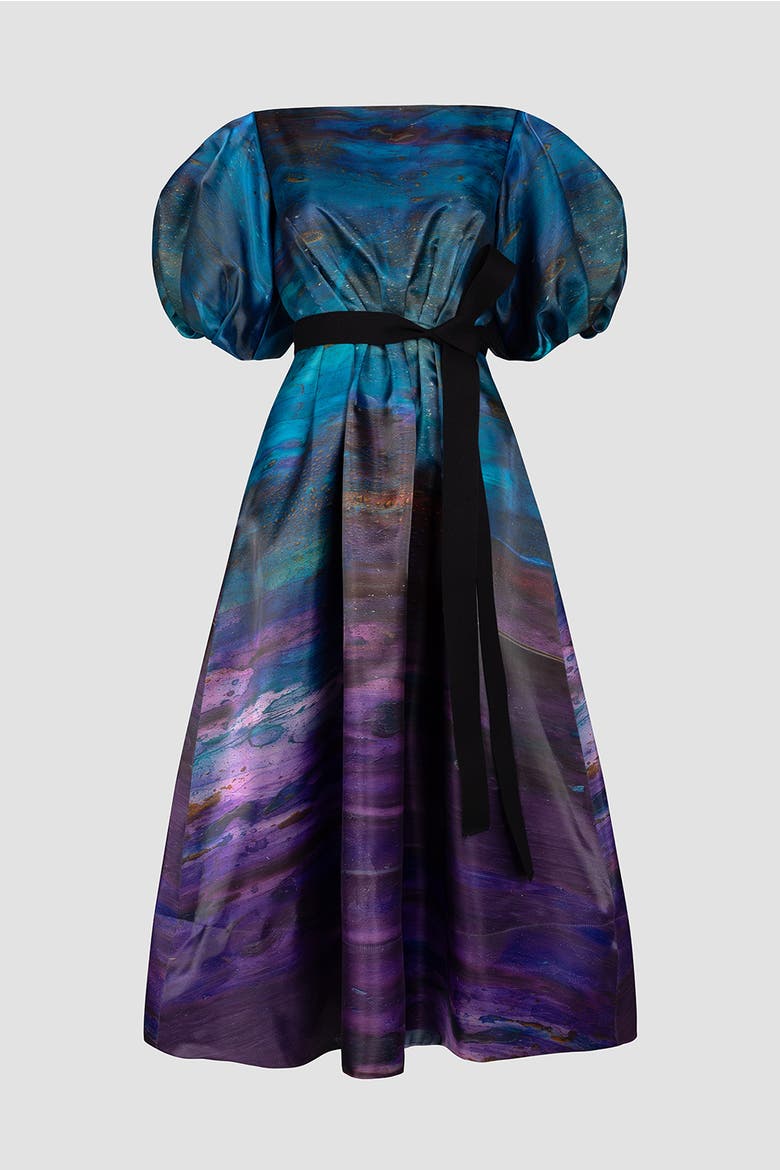 Zinnia Printed Puff Sleeve Dress, Alternate, color, Azure / Cassis