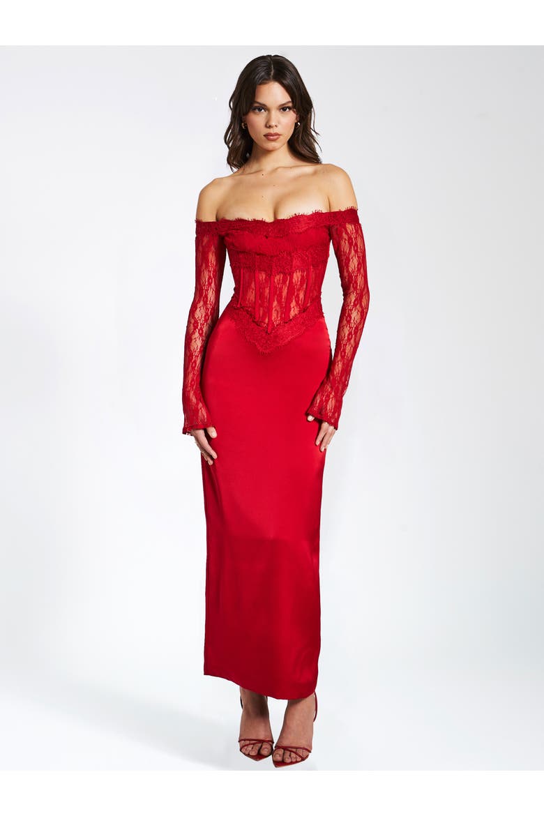Nessa Lace Satin Corset Maxi Dress, Main, color, Dark red