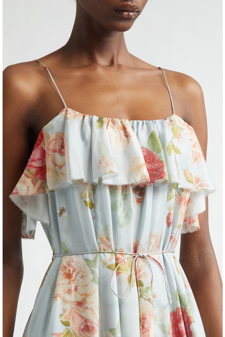 Roselight Frill Silk Habutae Maxi Dress, Alternate, color, BLUE ROSE FLORAL