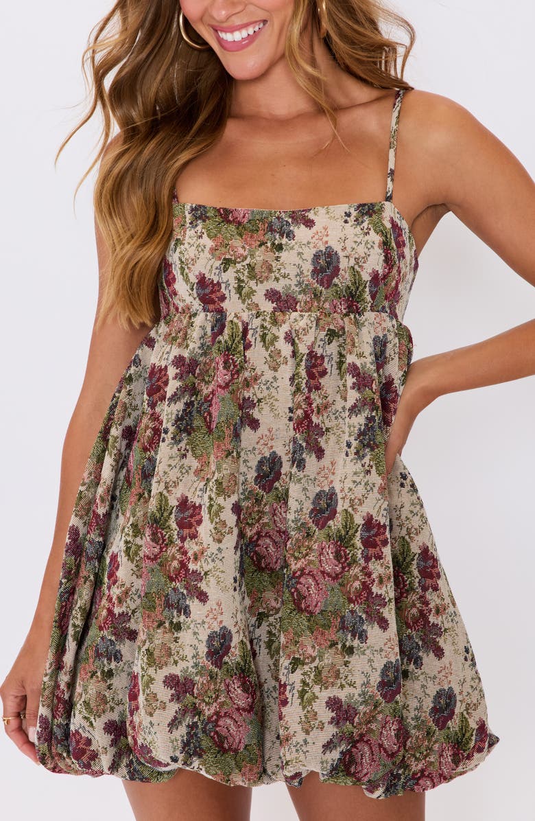 VICI Collection Hallie Floral Brocade Bubble Hem Minidress, Alternate, color, Taupe Mutli