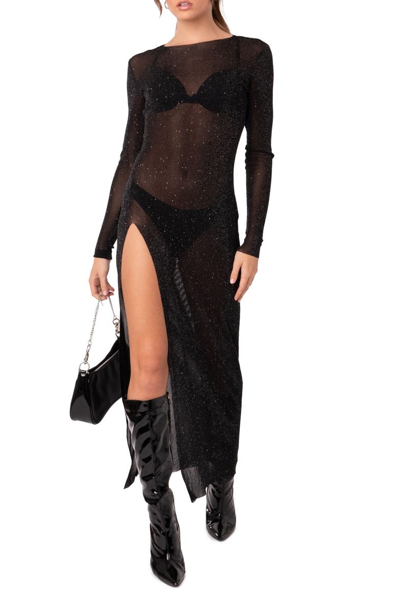 Glitter Mesh Slit Maxi Dress, Main, color, BLACK