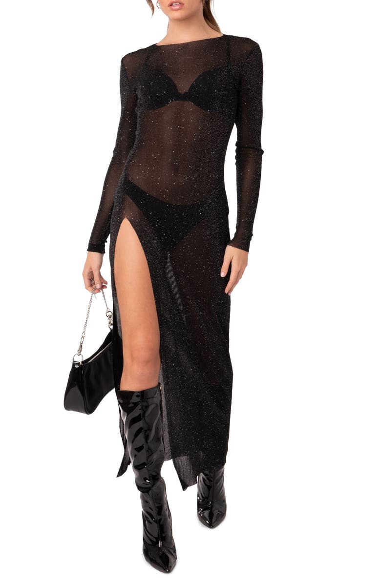 EDIKTED Glitter Mesh Slit Maxi Dress, Main, color, Black