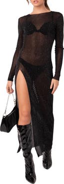 EDIKTED Glitter Mesh Slit Maxi Dress
