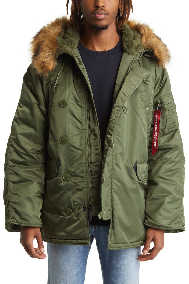 Alpha N-3B Water Resistant Parka with Removable Faux Fur Trim, Main, color, SAGE