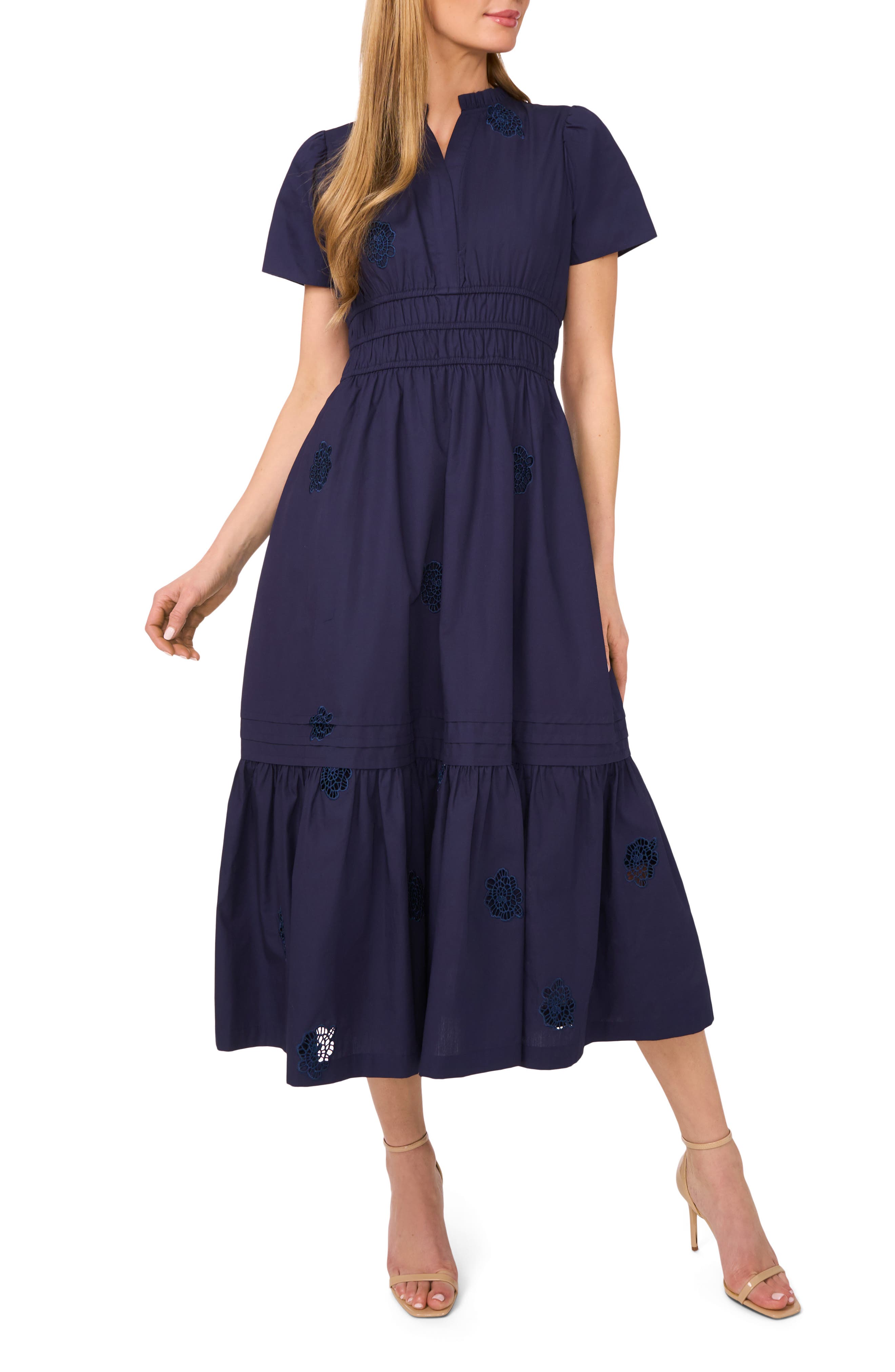 CeCe Floral Embroidered Flounce Hem Cotton Maxi Dress