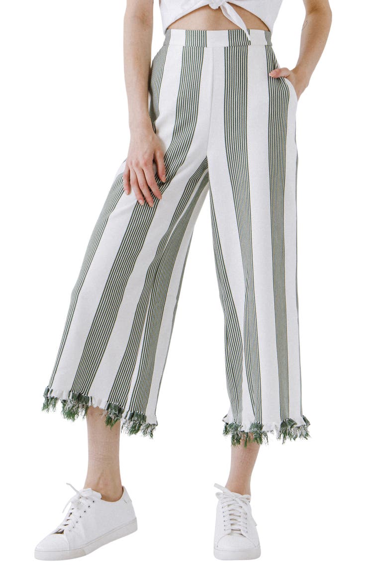 Stripe Fringe Hem Wide Leg Crop Pants, Alternate, color, GREEN