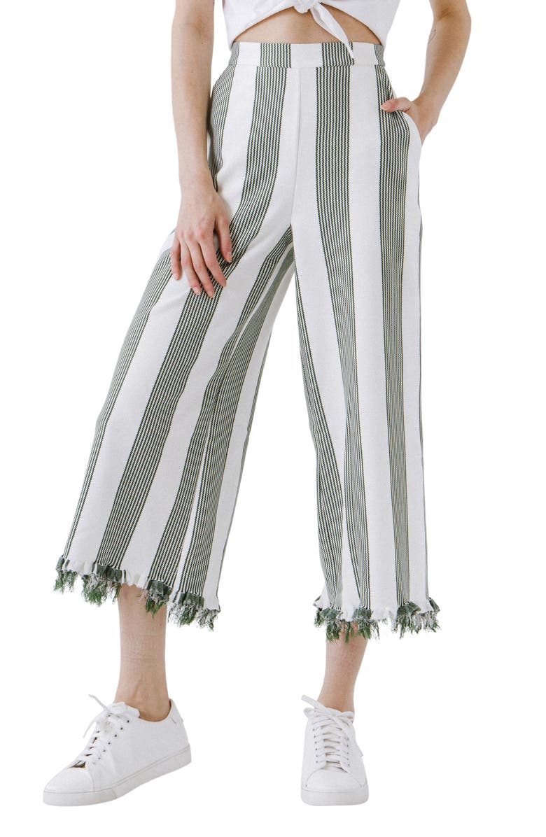 English Factory Stripe Fringe Hem Wide Leg Crop Pants, Alternate, color,