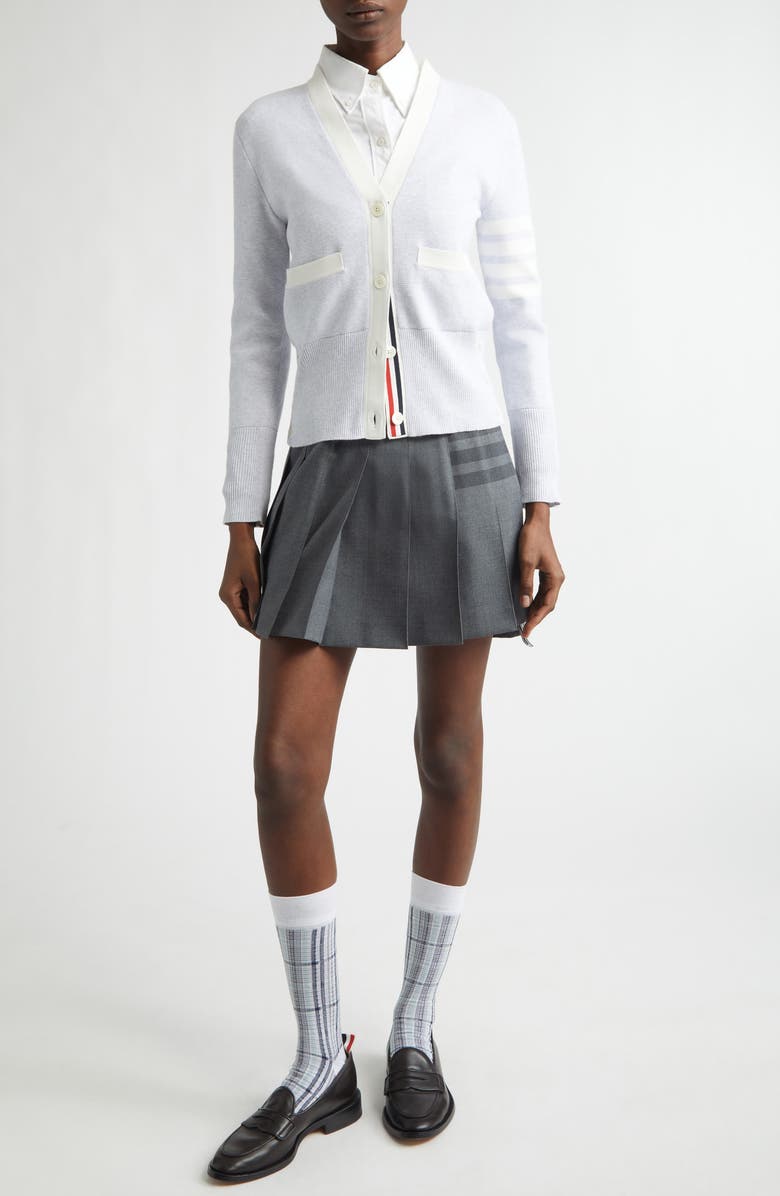 Thom Browne 4-Bar Contrast Trim Cotton Cardigan, Alternate, color, Pale Grey