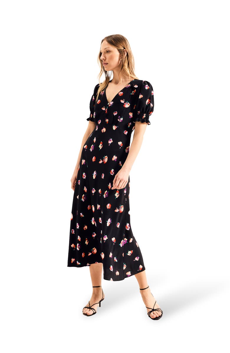 Ro&Zo Pansy Print Shirred Cuff Midi Dress, Main, color, 