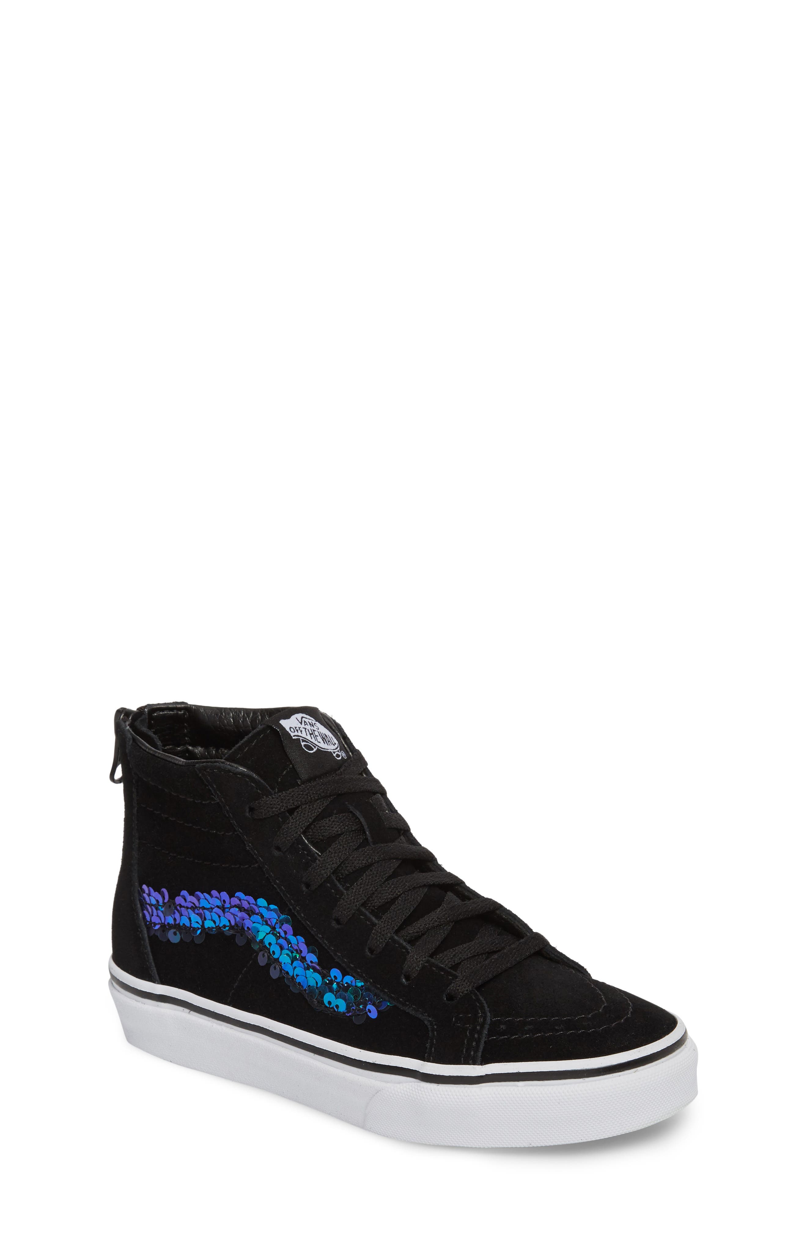 Sk8-Hi Zip Sequin Stripe High Top Sneaker, Main, color, BLACK/ TRUE WHITE SEQUINS