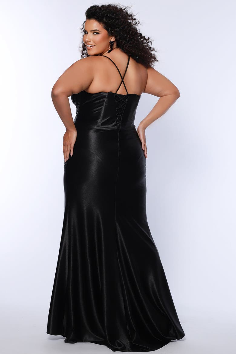 Pleated Draped Sweetheart Neckline Slim Fitted Plus Size Gown, Alternate, color, Onyx