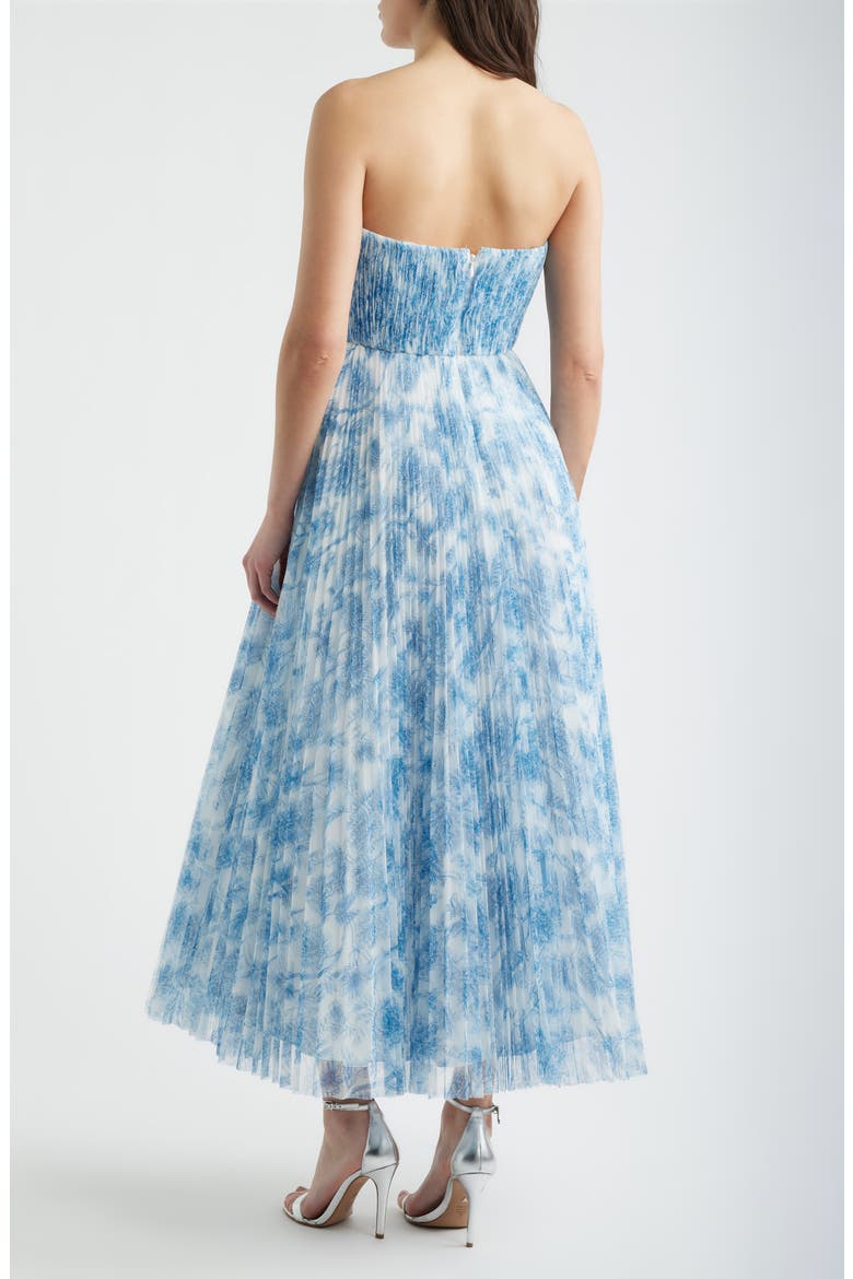 Pleated Strapless Mesh Gown, Alternate, color, WHITE/ BLUE INKED CHINOISERIE
