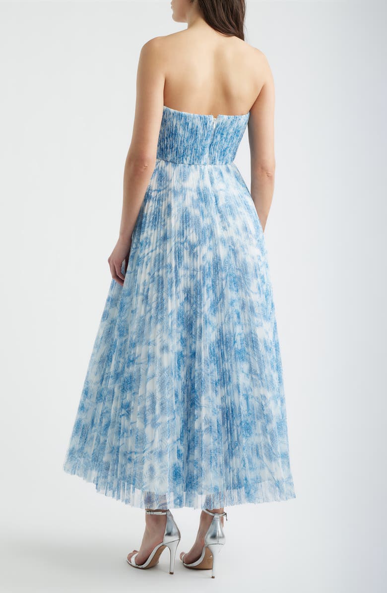 Hutch Pleated Strapless Mesh Gown, Alternate, color, White/ Blue Inked Chinoiserie