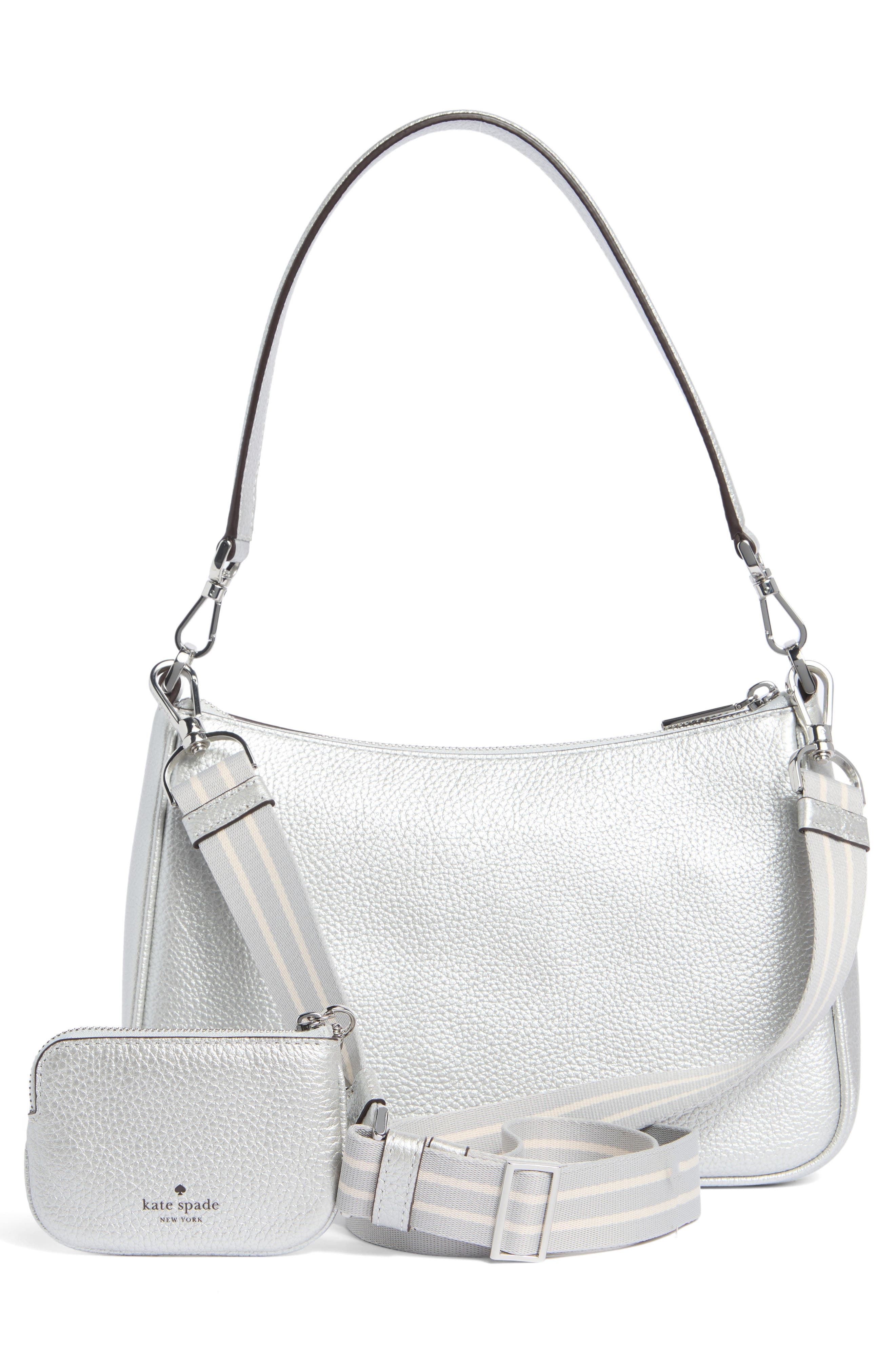 Kate Spade New York rosie metallic medium shoulder bag and pouch, Alternate, color, Deco Silver