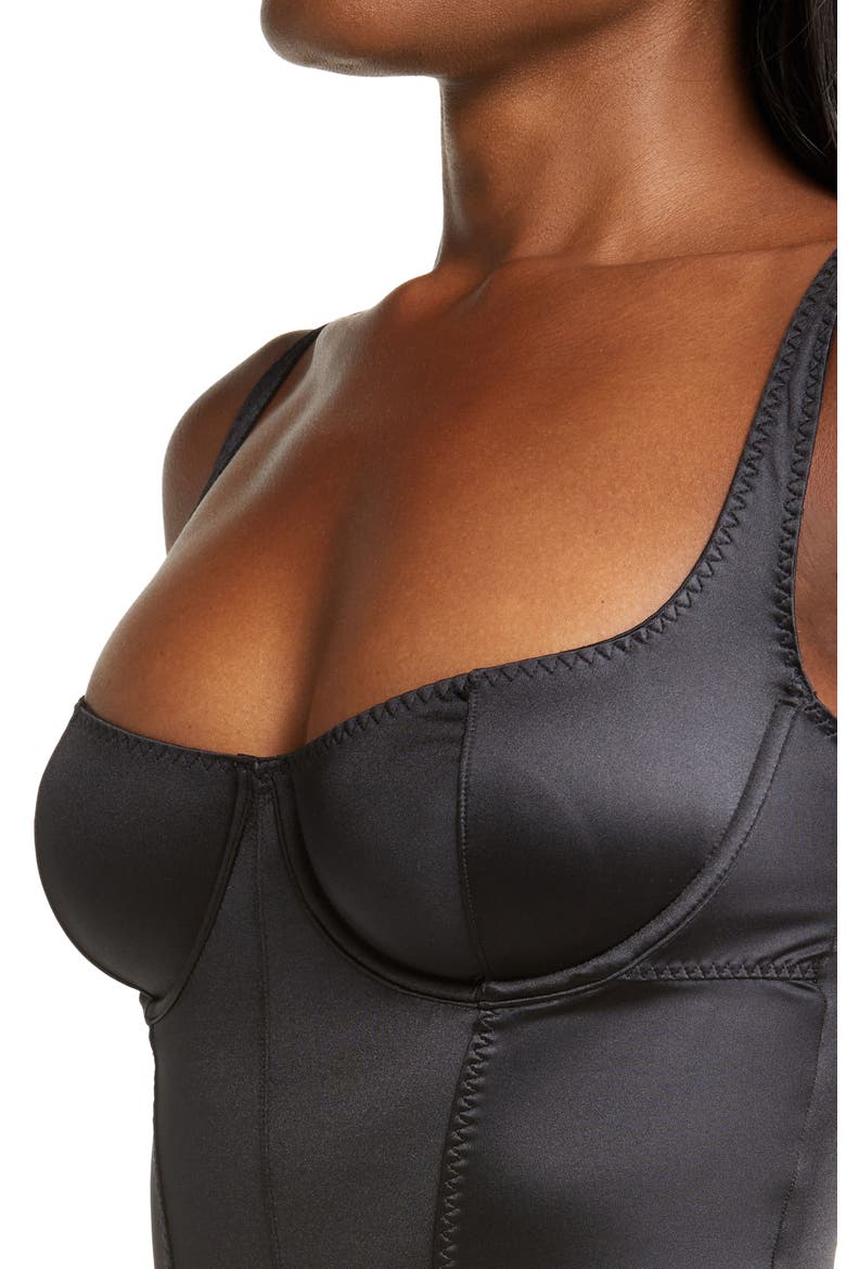 Stretch Satin Underwire Thong Bodysuit, Alternate, color, ONYX