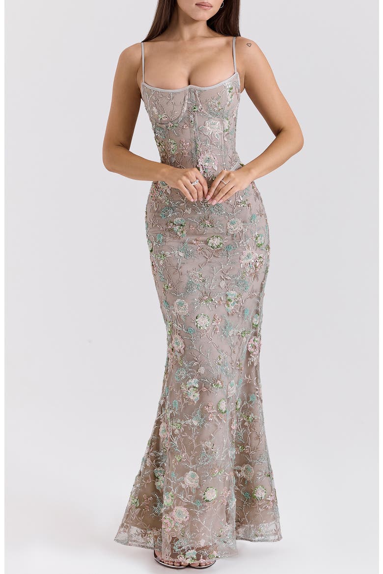 Naima Embroidered Sequin Mermaid Gown, Main, color, SILVER LINING