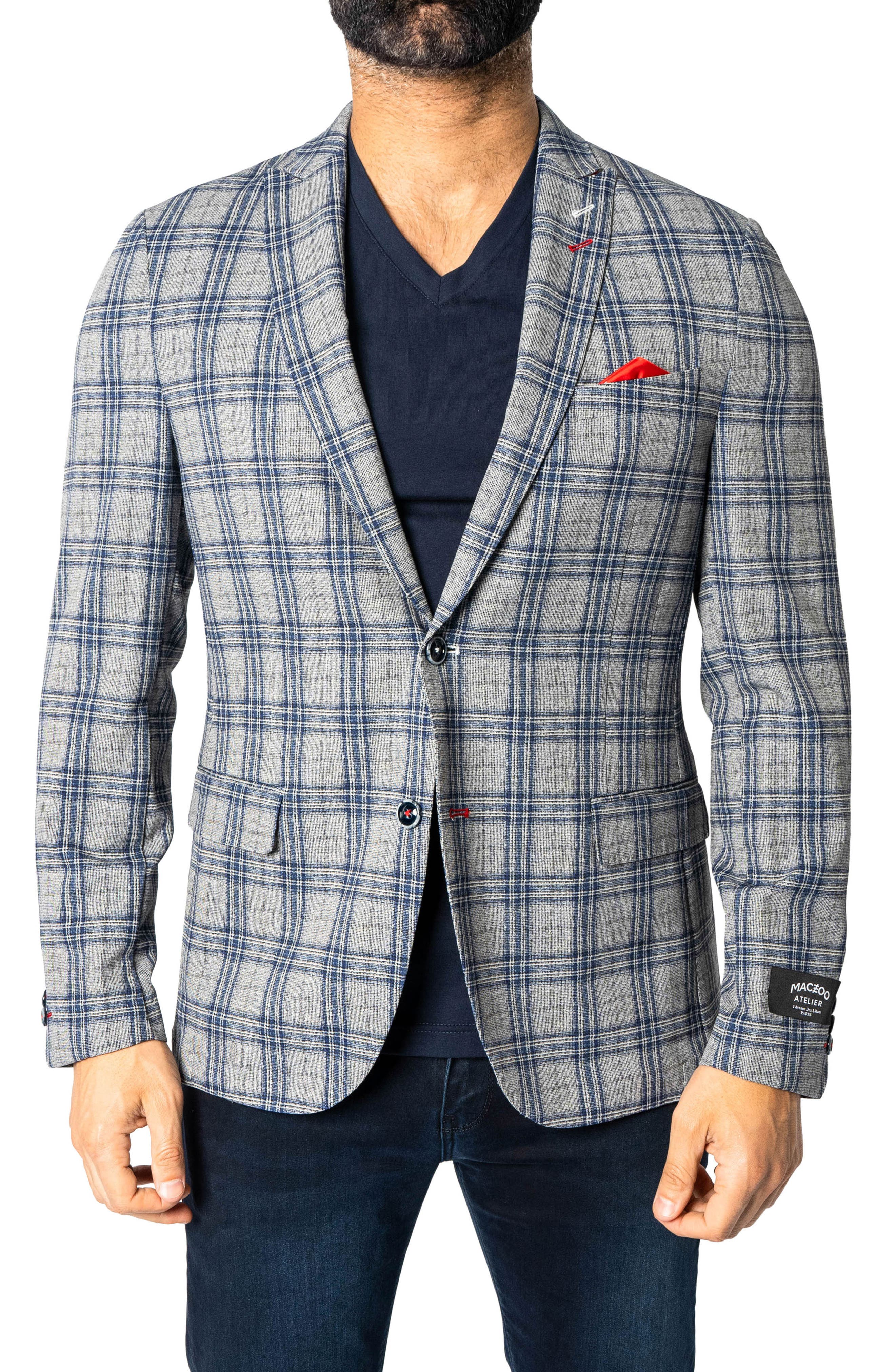 Maceoo Descartes Unconstructed Plaid Cretian Blue Blazer