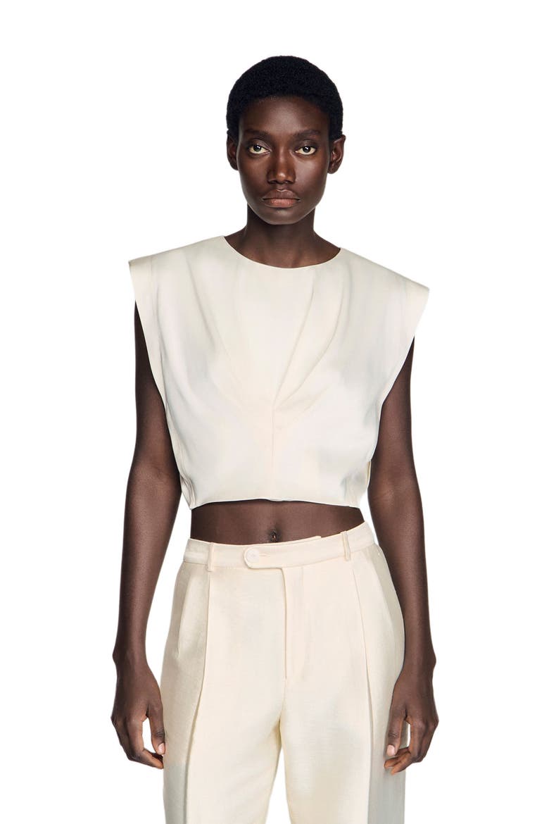 Pleated satin crop top, Main, color, Ecru