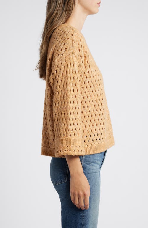 Wit & Wisdom Open Stitch Three-quarter Sleeve Crewneck Sweater In Heather Sahara Sand