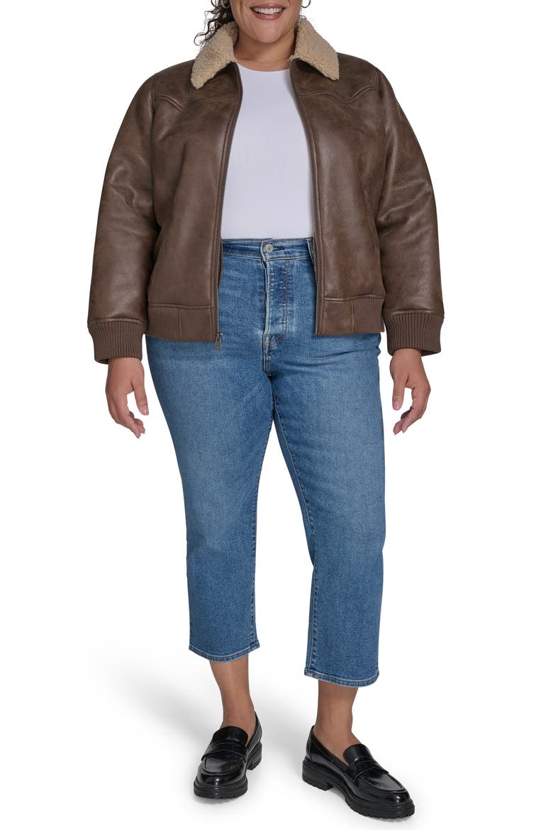 Faux Shearling Trim Faux Leather Western Bomber Jacket, Alternate, color, COFFEE