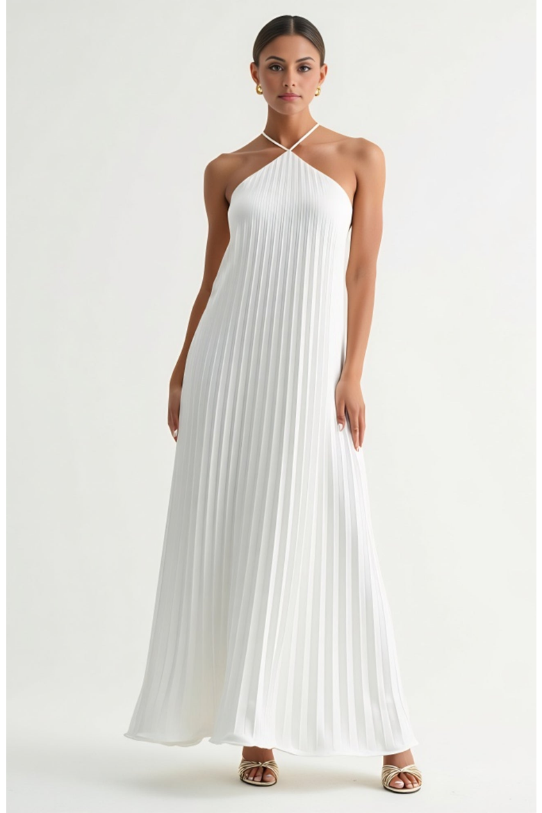 Backless Pleated Crisscross-Strap Maxi Dress, Alternate, color, White