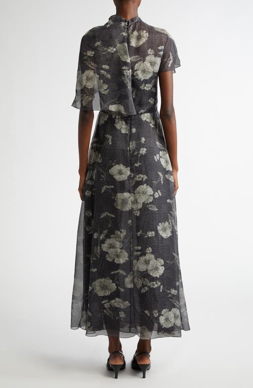 Lela Rose Floral Print Glen Plaid Chiffon Draped A-line Dress In Ivory Multi