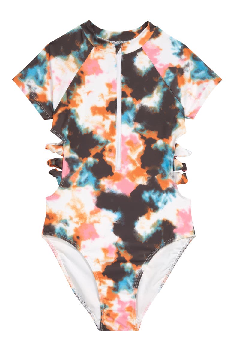 Kids' Cutout One-Piece Rashguard Swimsuit, Main, color, BLACK- WHITE MULTI TIE DYE