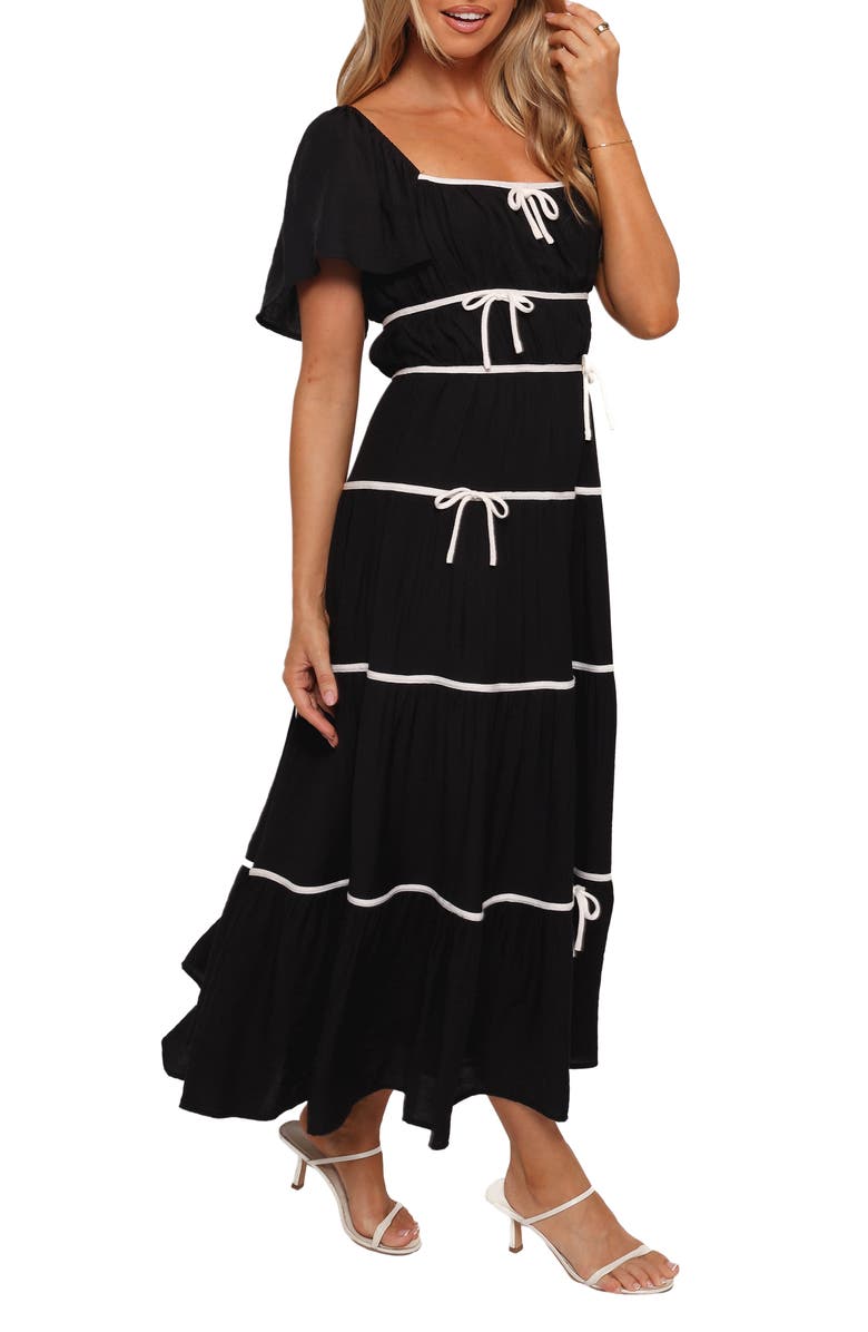 Petal & Pup Harvey Bow Tiered Maxi Dress, Main, color, Black/ White